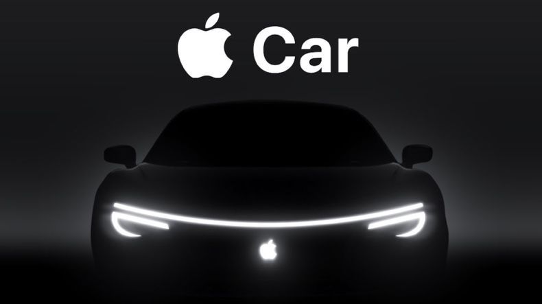 An apple car is being advertised on a black background