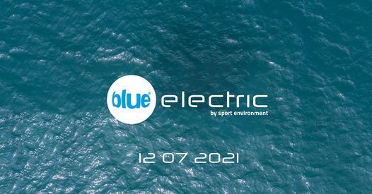 A blue electric by sport environment logo is on a blue background