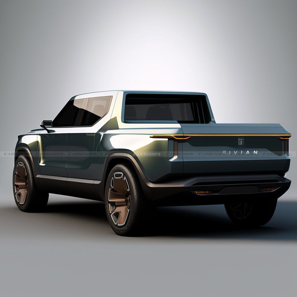 A rendering of a futuristic Rivian R2 pickup truck with a gray background