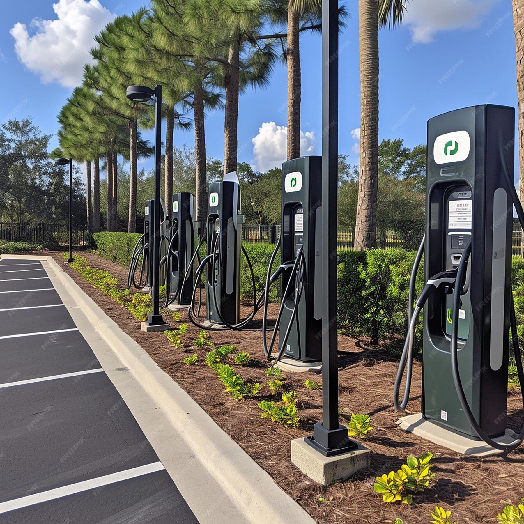 A row of charging stations in a car park