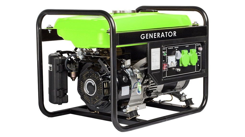 Green and black portable gasoline generator with a black frame.