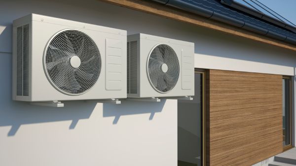 Two white air conditioning units mounted on an exterior wall.