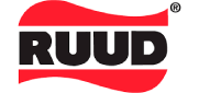 Ruud logo with black letters on a red wave shape background.