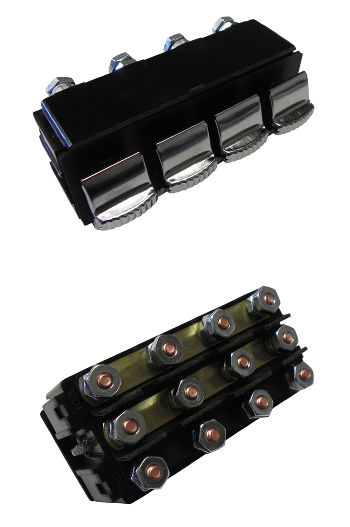 Two black, rectangular electrical switches. One shows the top with a silver lever, the other shows the bottom with three golden pins.