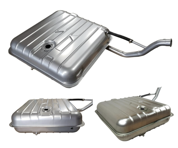 Fuel tank assembly, silver, for an automobile. Shown from multiple angles, including with attached filler tube.