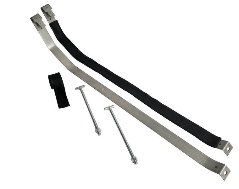 Fuel tank straps and hardware kit; includes two metal straps, one wrapped in black, and two bolts.