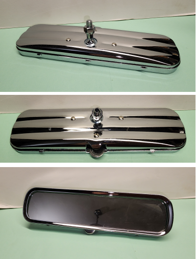 Two views of a chrome car rearview mirror, top view shows the mounting mechanism, bottom view shows the reflective surface.