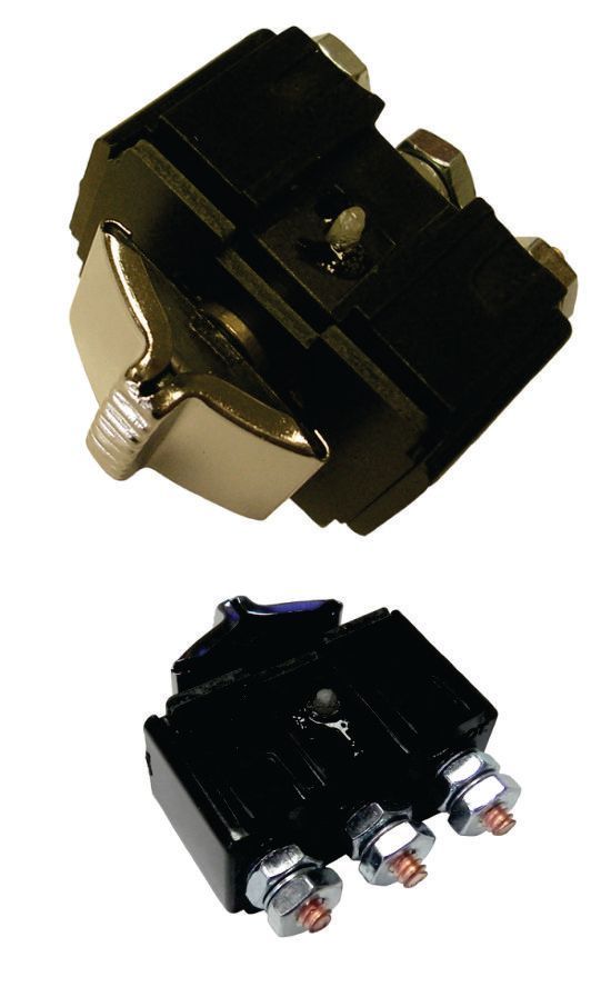 Black battery disconnect switch with a chrome handle, shown from two angles.
