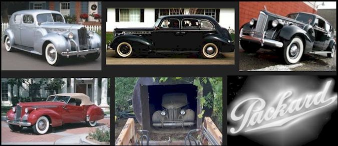 A collage featuring classic Packard cars in various colors and a neon sign with the Packard logo.
