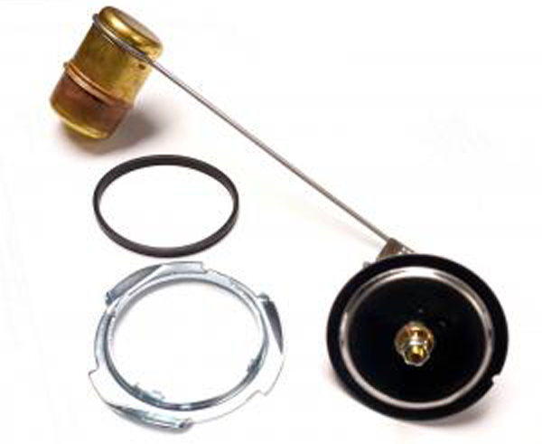 Fuel tank sending unit with a brass float, rubber seal, and retaining ring, used to measure fuel levels.