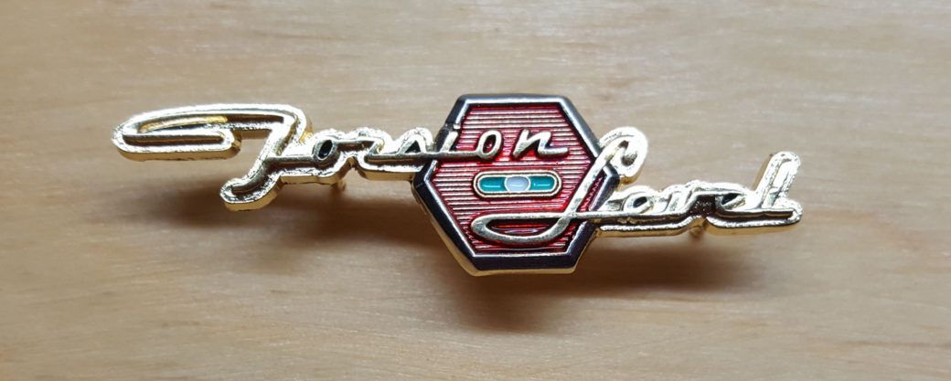 Close-up of a gold-trimmed car emblem with the name 