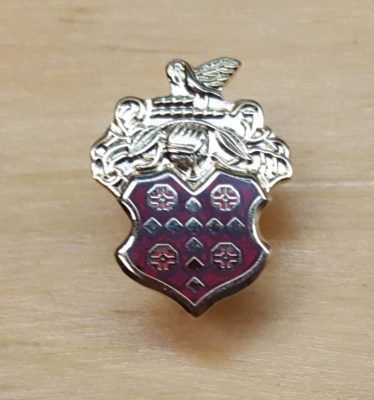 Gold-framed pin with a red shield-shaped center. The center design includes white crosses and diamonds. A bird sits on top.