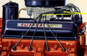 Close-up of a red engine block with black components, showing spark plug wires connected to a 