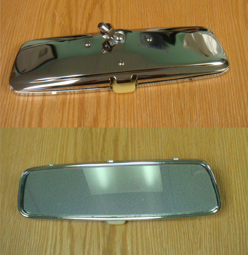 Two views of a chrome car rearview mirror, top view shows the mounting mechanism, bottom view shows the reflective surface.