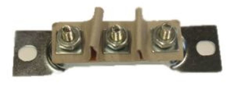 A close-up of a metal electrical component with three screw terminals and mounting holes.