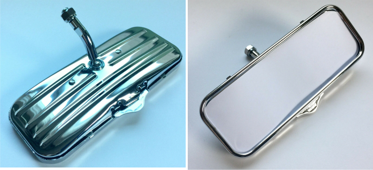 Two shiny chrome rearview mirrors on a light-colored background. One shows the back side, and the other displays the reflective side.