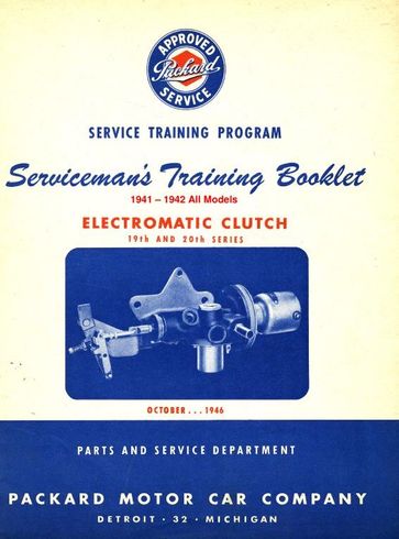 Cover of a Packard service training booklet. Blue and white, with a Packard logo and text about the Electromatic clutch.