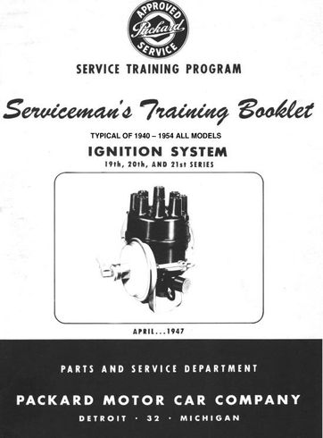 Cover of a Packard service training booklet for the ignition system, showing a distributor and branding.