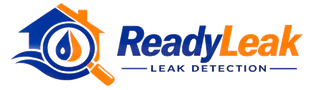 ReadyLeak logo with blue and orange house, water droplet, and magnifying glass; &ldquo;LEAK DETECTION&rdquo; text