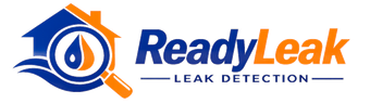 ReadyLeak logo with blue and orange house, water droplet, and magnifying glass; &ldquo;LEAK DETECTION&rdquo; text