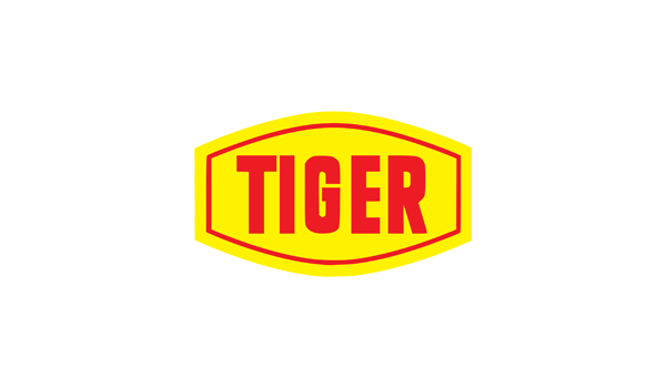 A yellow and red tiger logo on a white background.