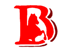 A red letter b with a silhouette of a horse on it