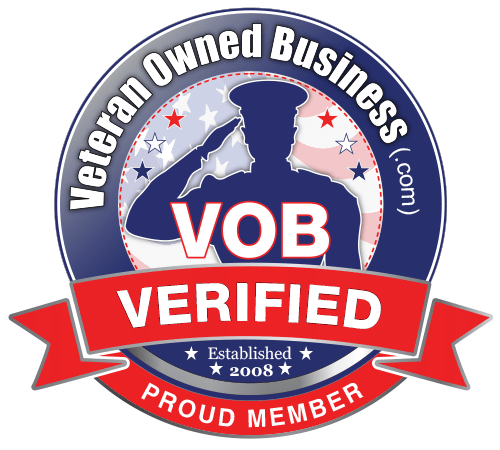 A veteran owned business proud member logo with a soldier saluting