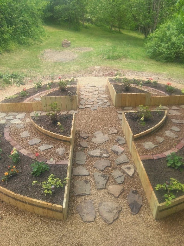 A garden in the shape of a spiral surrounded by trees and rocks.