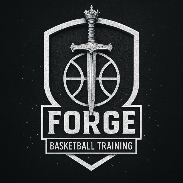 Shield with a sword through a basketball; text 