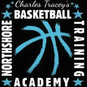 Black logo for Charles Tracey's Basketball Training Academy with blue basketball graphic and text.