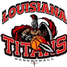 Louisiana Titans basketball logo: Spartan holding sword and basketball, red, black, and orange.