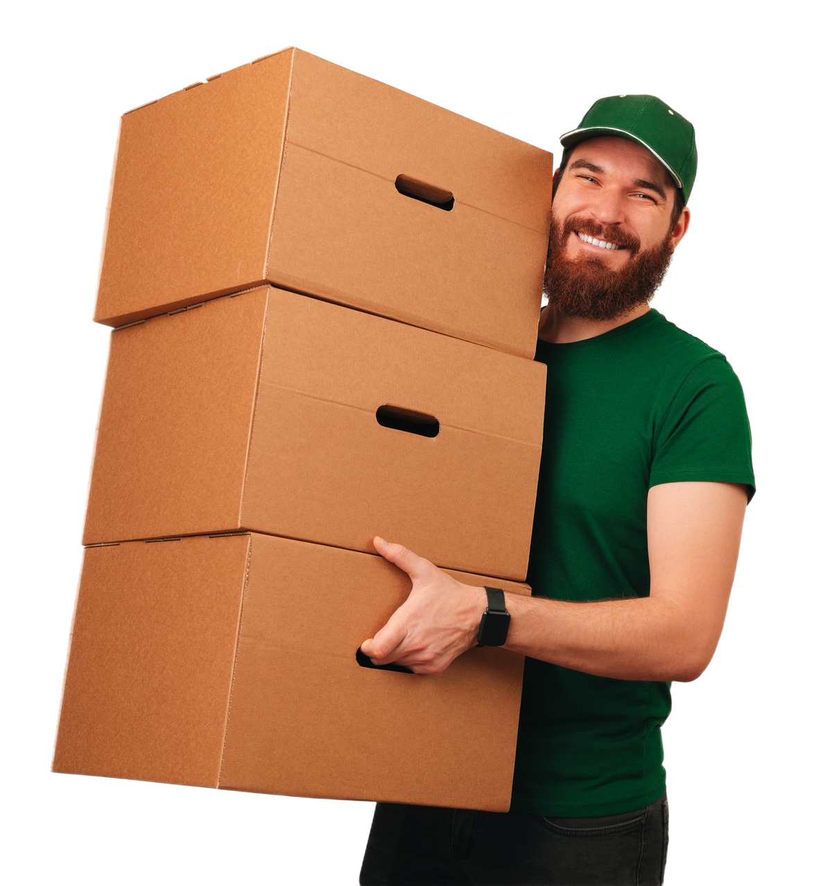 Delivery person with a beard, green shirt, and hat smiles holding three stacked cardboard boxes.