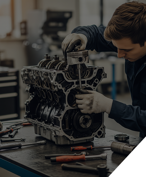 Mecánico con mono azul trabajando en el motor de un automóvil con herramientas en un garaje.