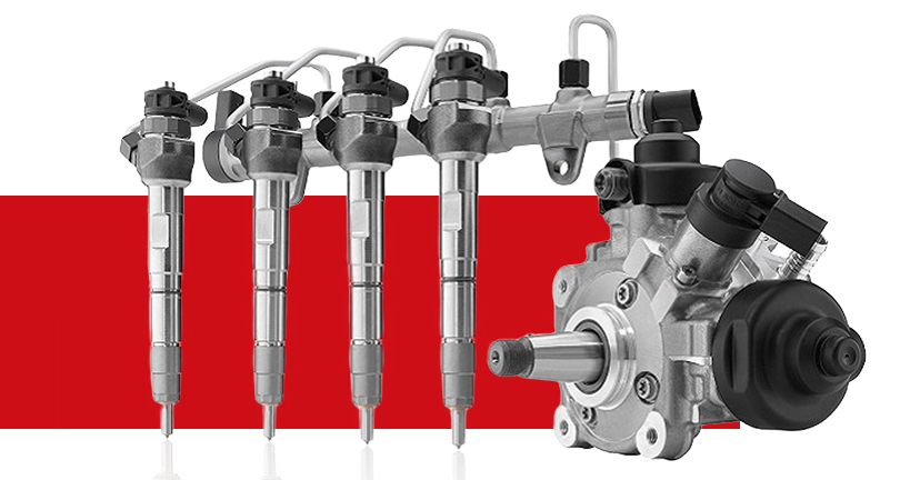 Inyectores y bomba de combustible de motor diésel, sobre fondo blanco y rojo.