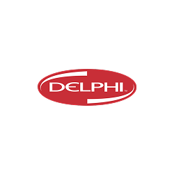 Logotipo de Delphi en óvalo rojo con texto blanco.