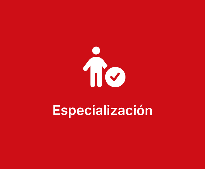 Icono blanco de persona y marca de verificación sobre fondo rojo, texto "Especialización" debajo.