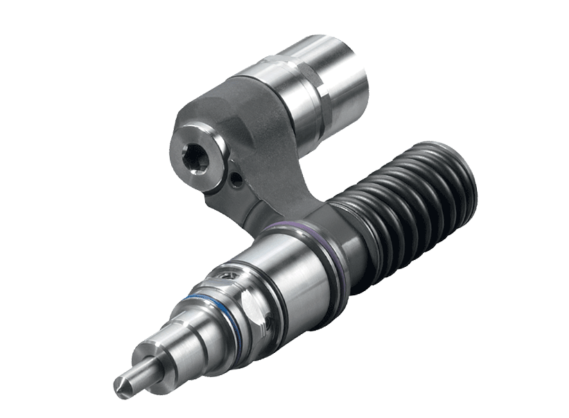 Inyector de combustible diesel con componentes metálicos y sección acanalada.