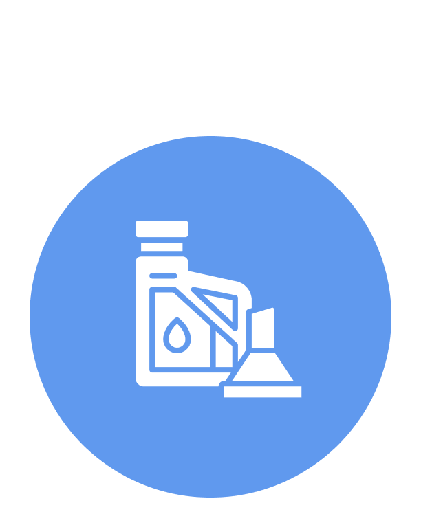 Icono blanco de contenedor de aceite y embudo en círculo azul.