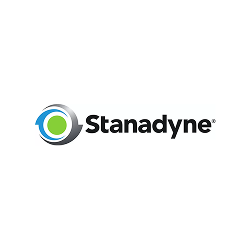 Logotipo de Stanadyne: gráfico en espiral azul y verde junto al nombre de la empresa en texto negro.