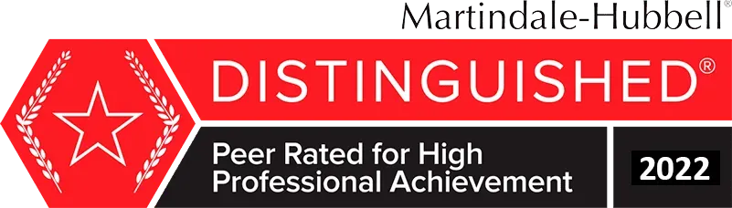 A red and black sign that says distinguished peer rated for high professional achievement