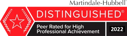 A red and black sign that says distinguished peer rated for high professional achievement