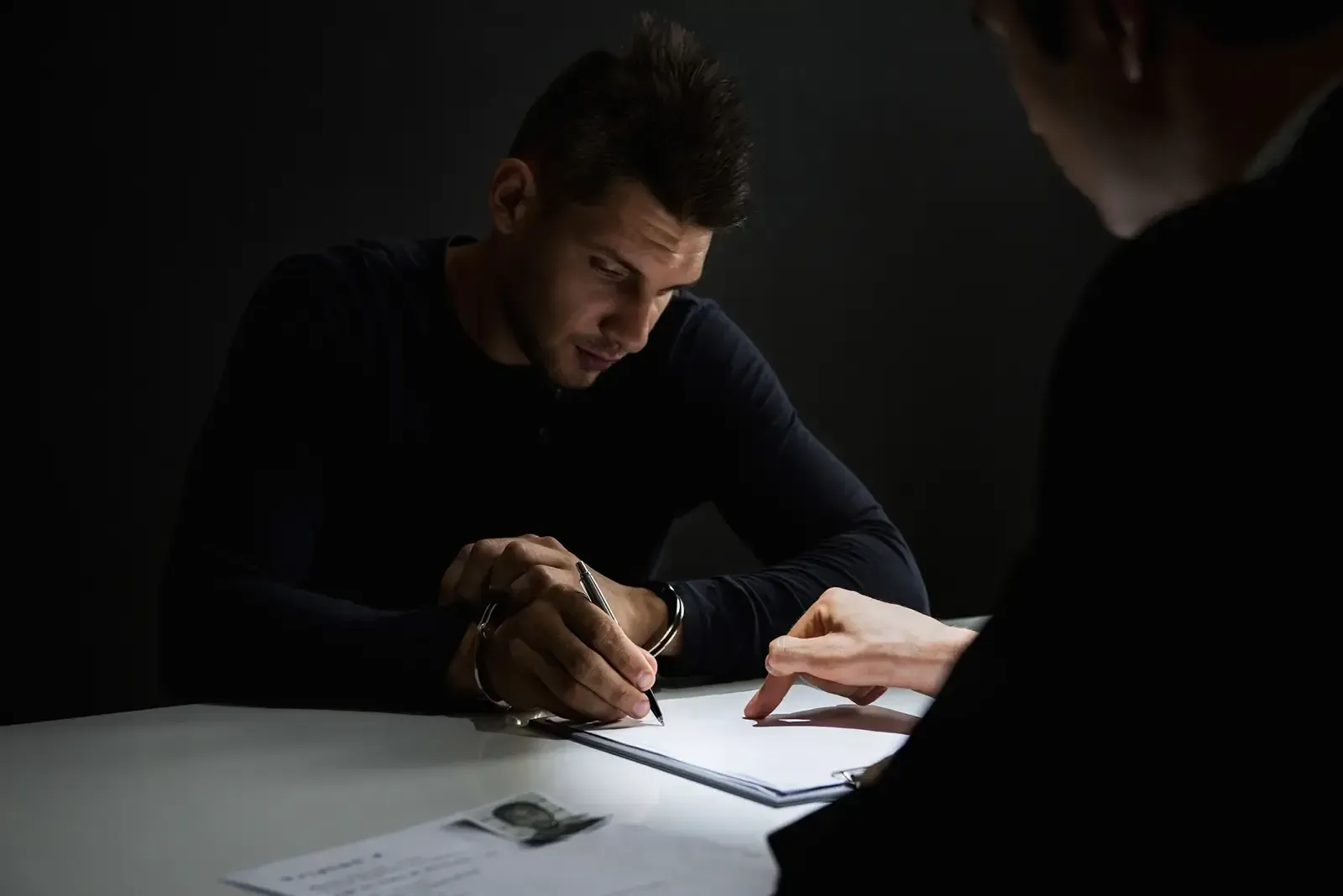 A man is sitting at a table writing on a piece of paper.
