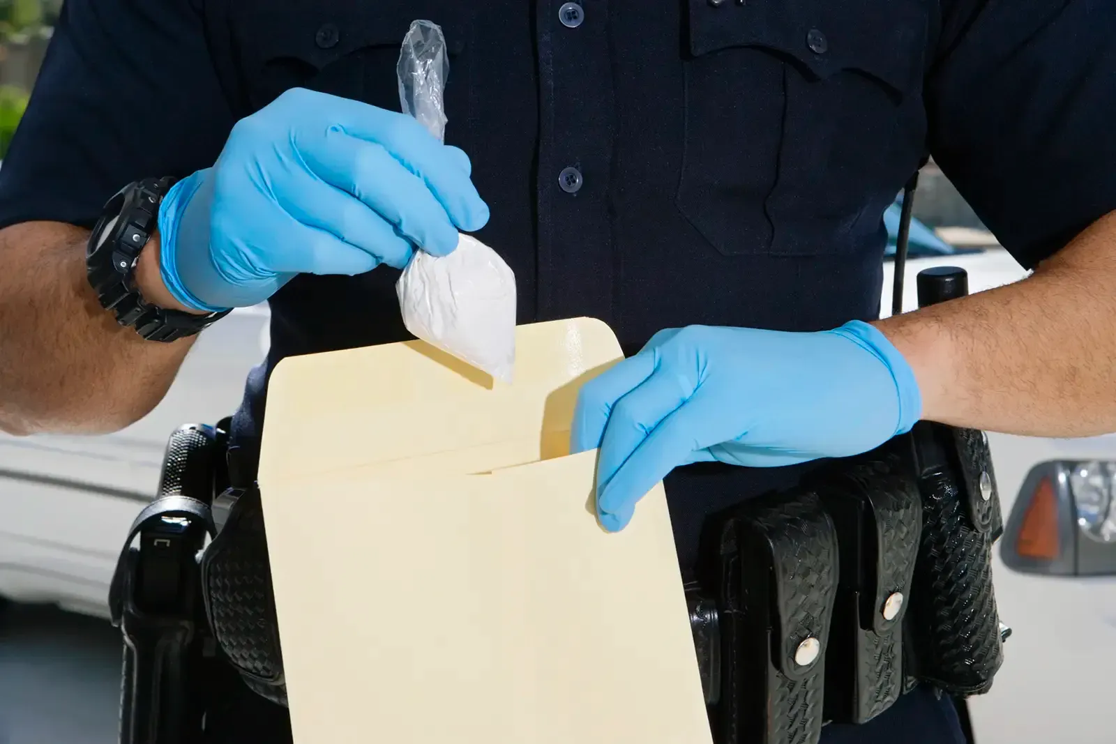 a police officer handling evidenc