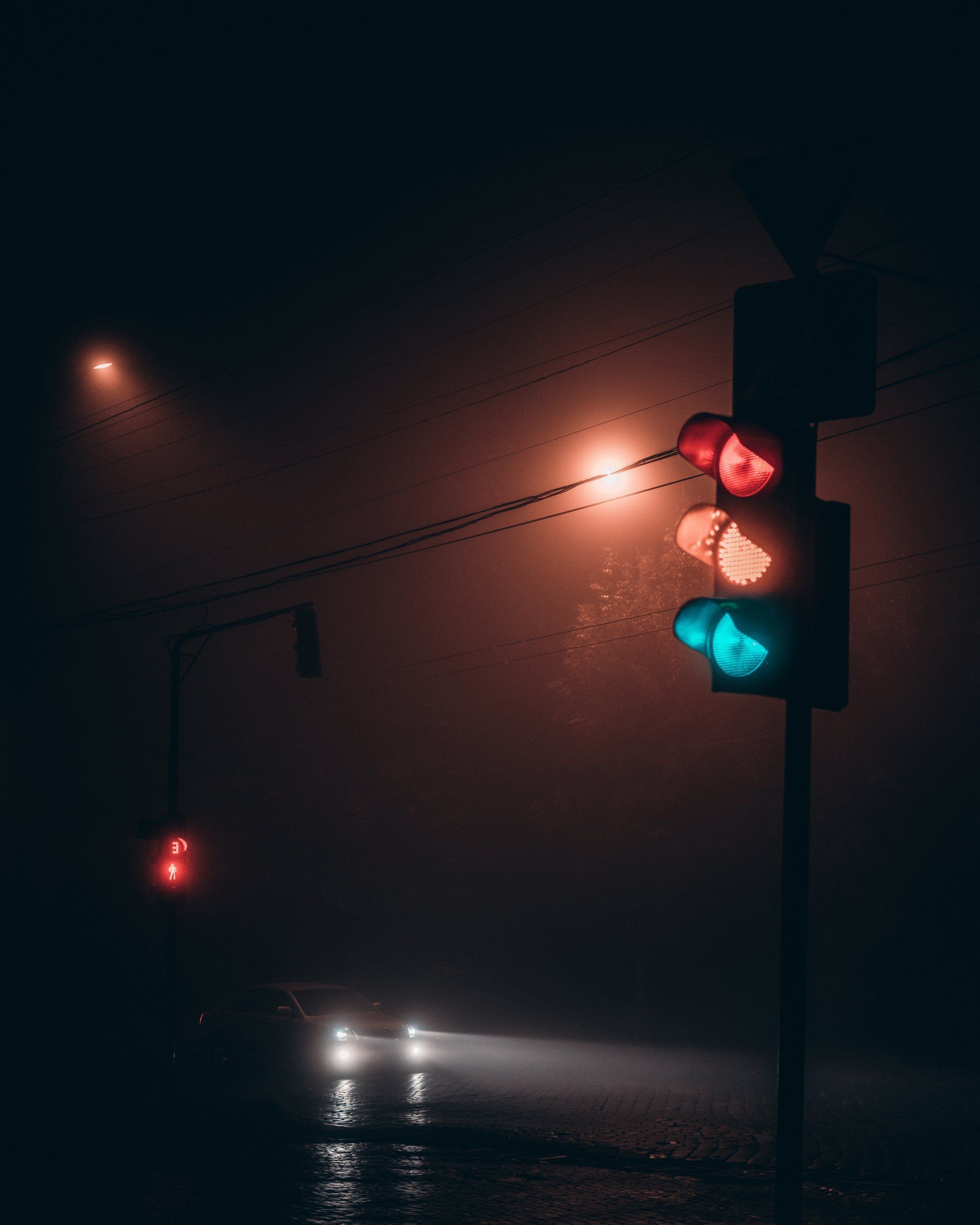 A traffic light is lit up at night in the fog.