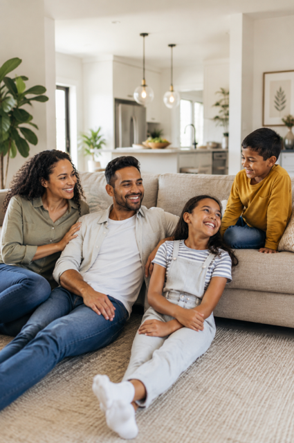 Family sitting together on a living room rug, smiling and relaxing on a couch with plants and warm decor.