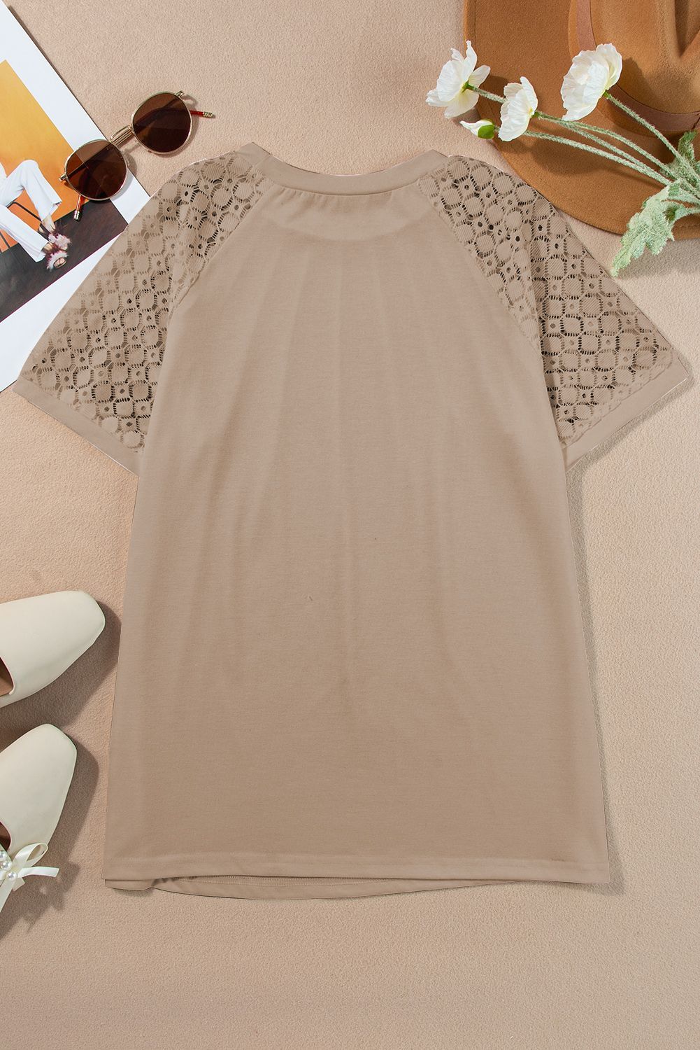 Khaki Contrast Lace Raglan Sleeve Tee
