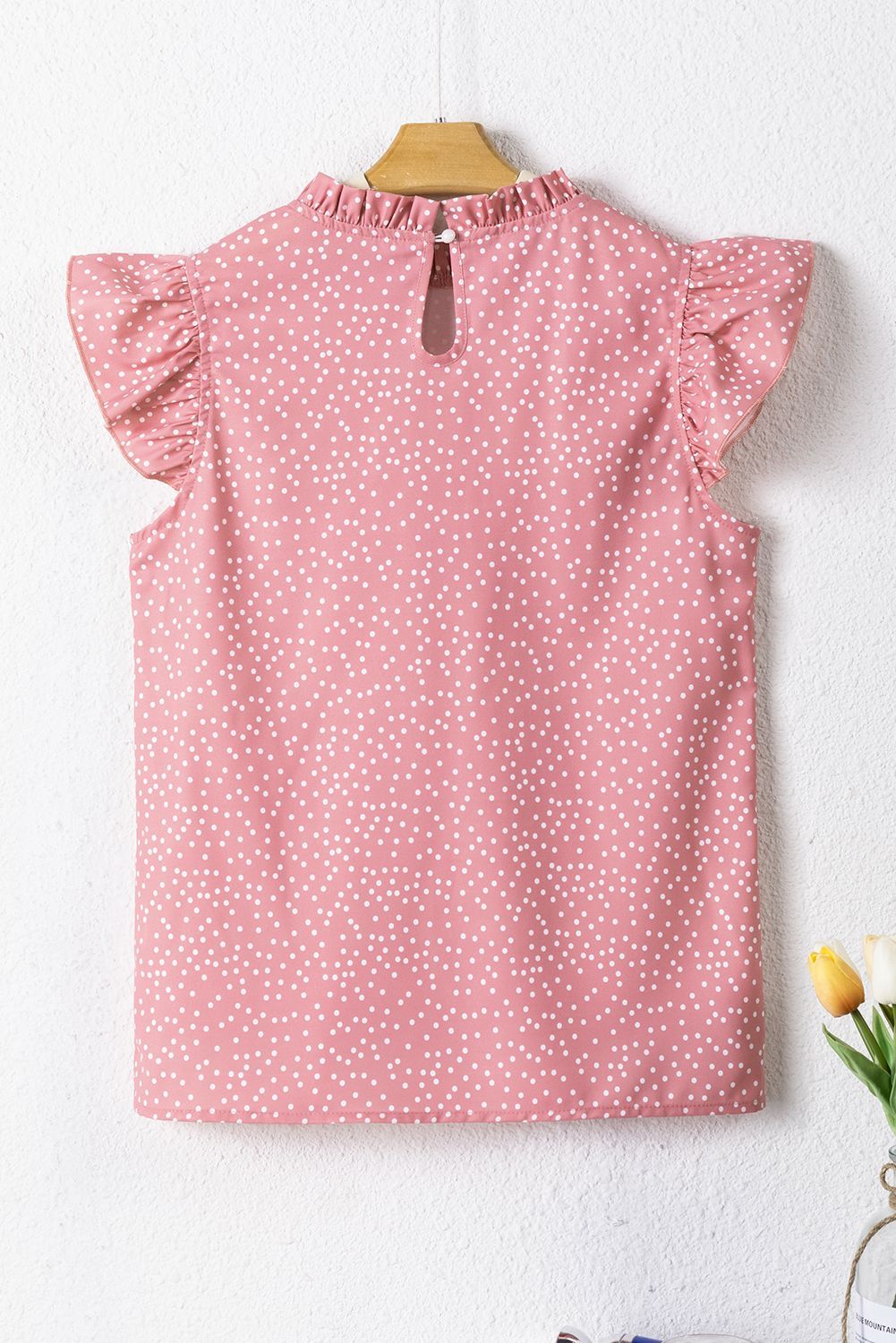 Pink Polka Dot Ruffle Sleeve Blouse