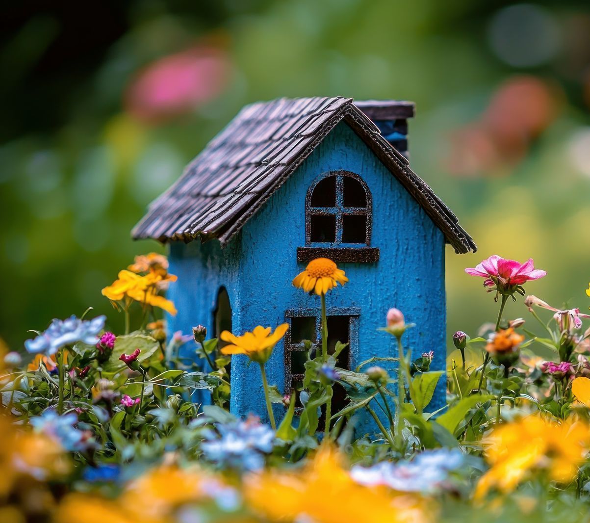 A blue house with a hanging basket of flowers on the front door.