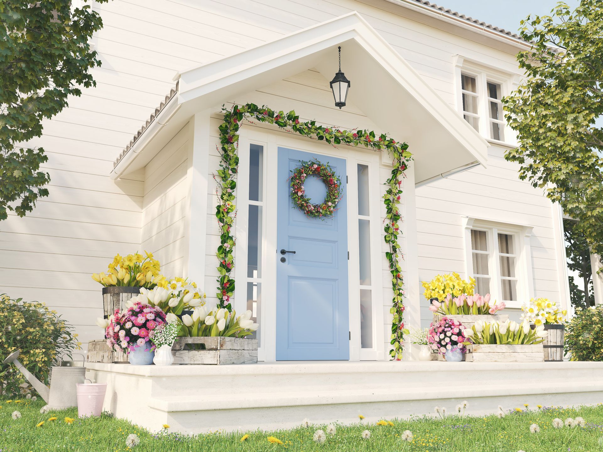 A blue house in spring. Stock photo representing potential  estate planning client of bob leonard law group 