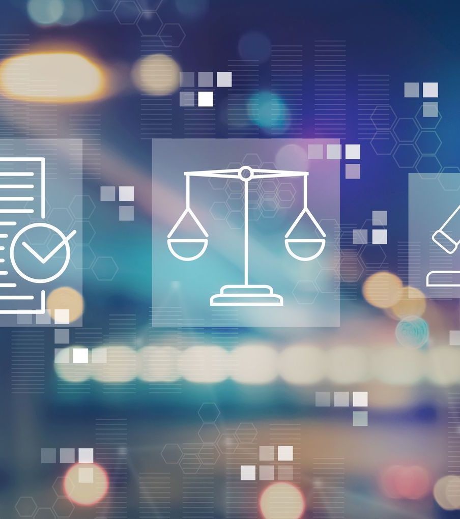 A scale of justice is surrounded by other icons on a blue background.